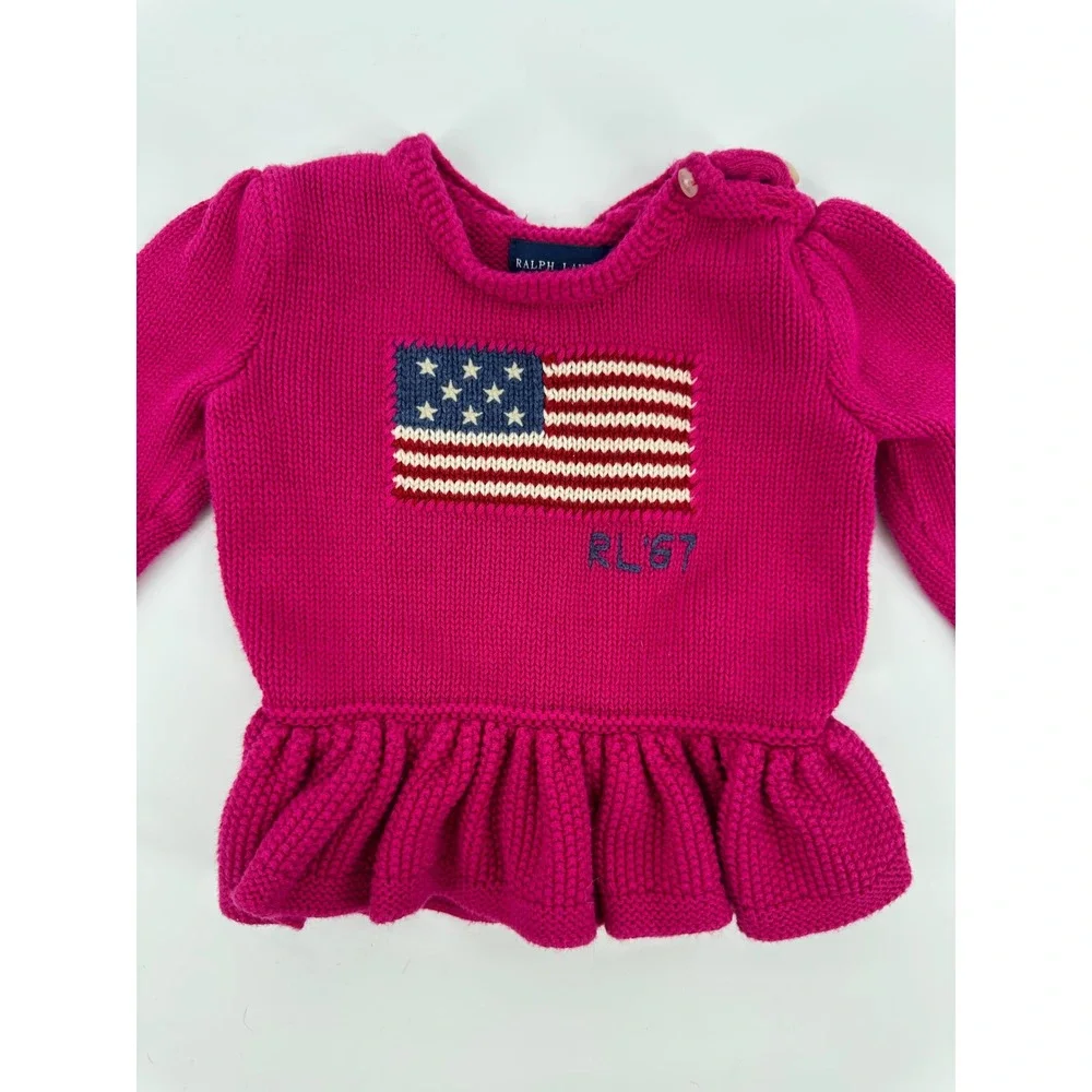 Ralph Lauren Sweater Baby Girls 12M Pink American Flag Peplum Knit Cotton